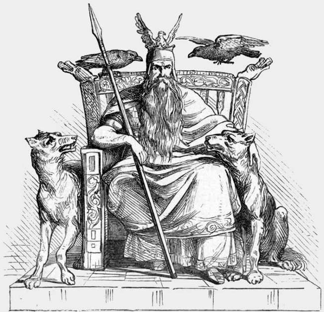 Odin mit seinen Raben und Wölfen